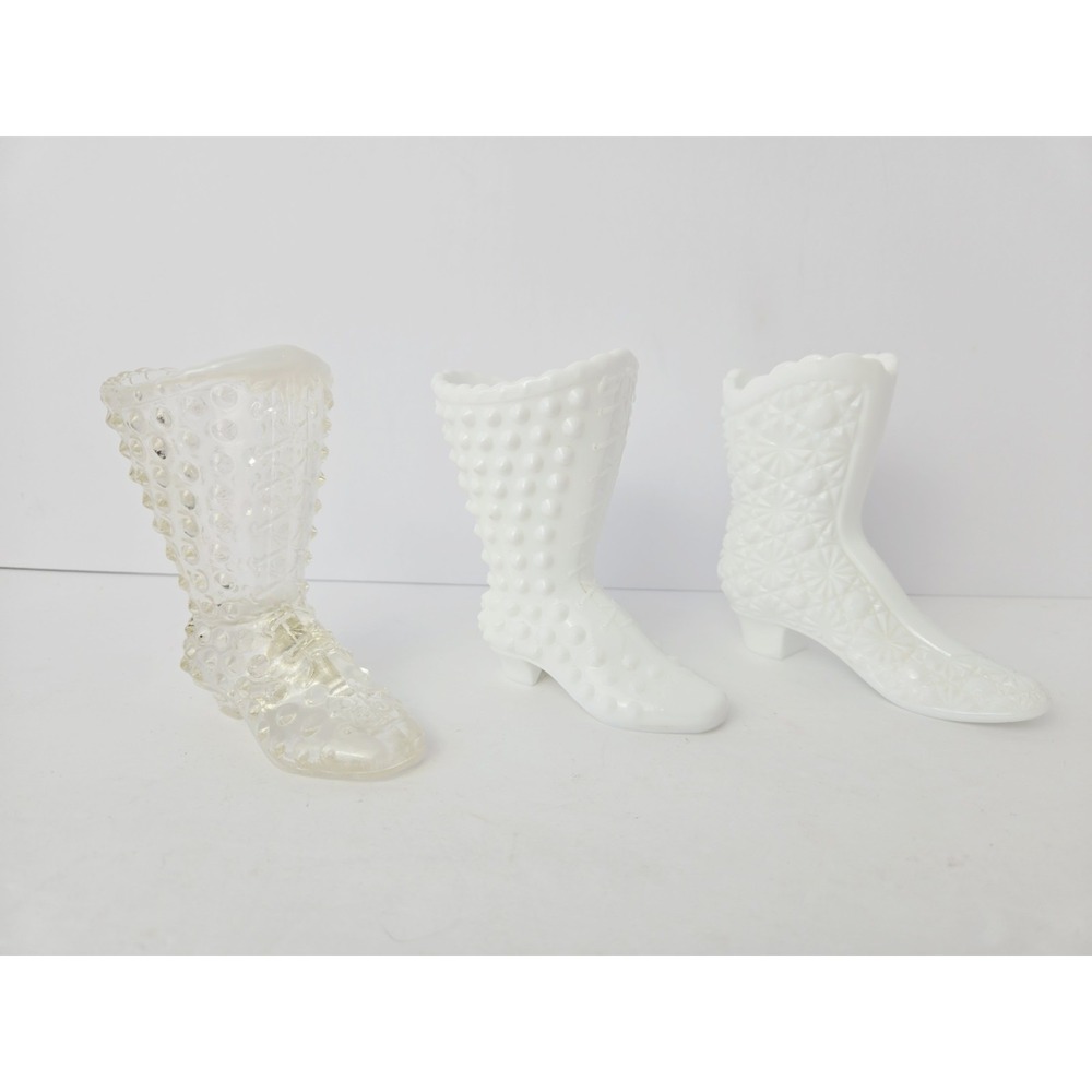 Fenton glass boot lot of 3 white‎ milk glass hobnail